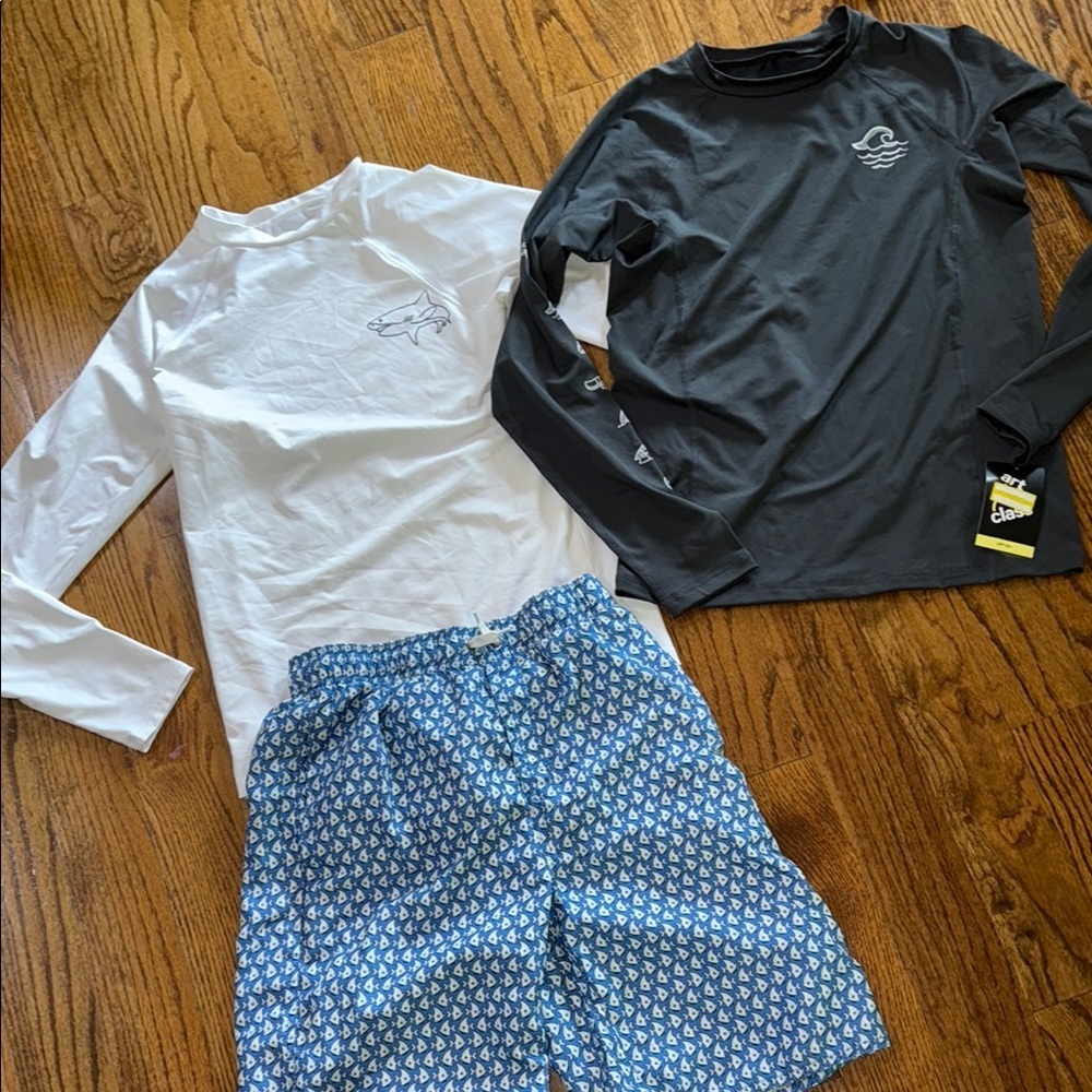 Class club blue fish swim trunks size 14/16 with 2 Rashguard white and grey